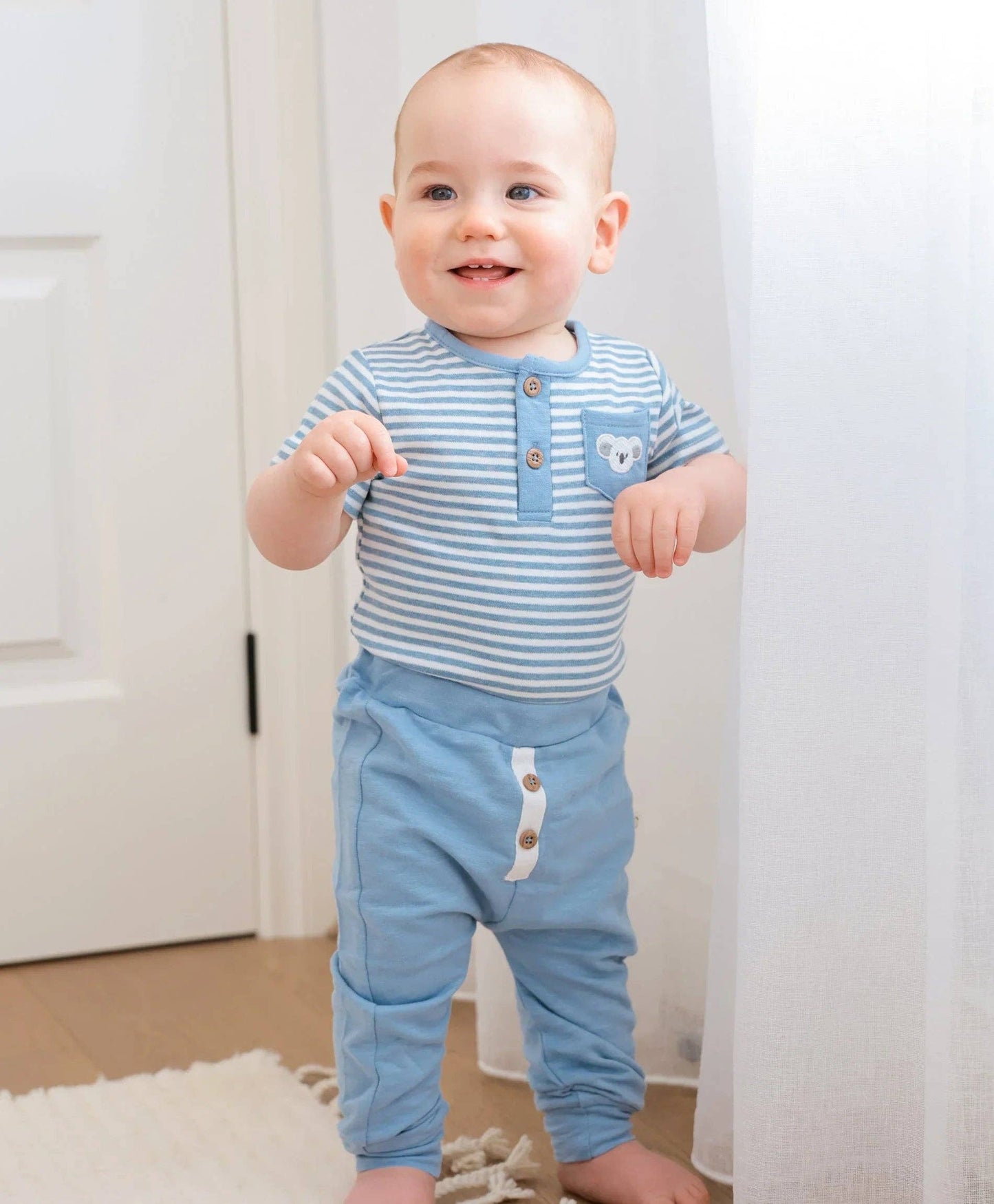 Organic Cotton Short Sleeve Bodysuit - Koala & Blue Stripes