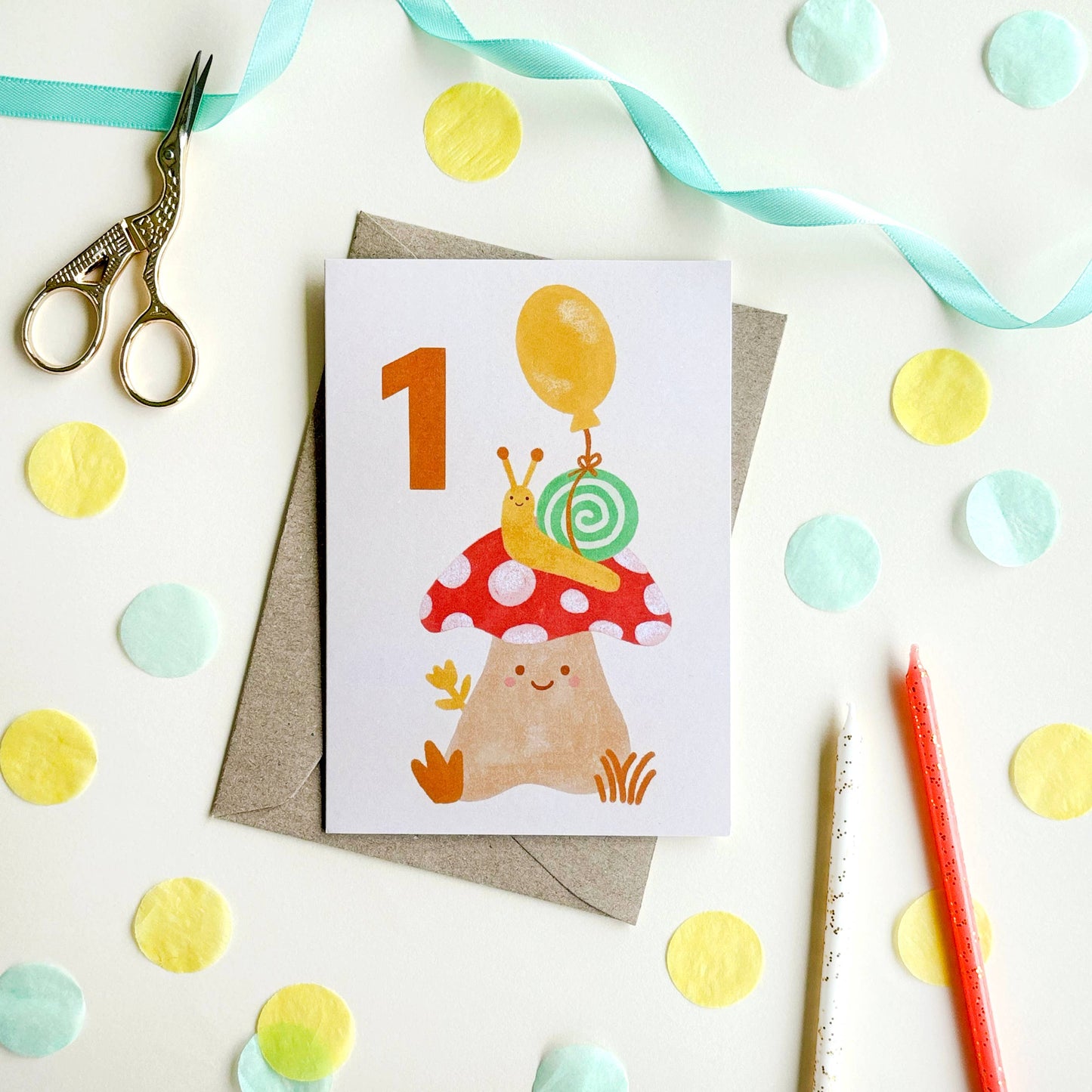 First Birthday Mushroom Snail Birthday Card