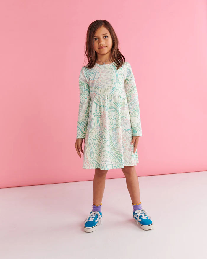 Tjala Tjukurpa Pastel Organic Cotton Long Sleeve Everyday Dress