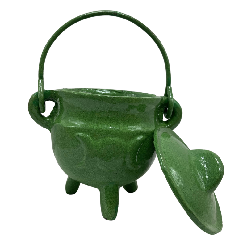 Green Triple Moon Cast Iron Cauldron with Lid
