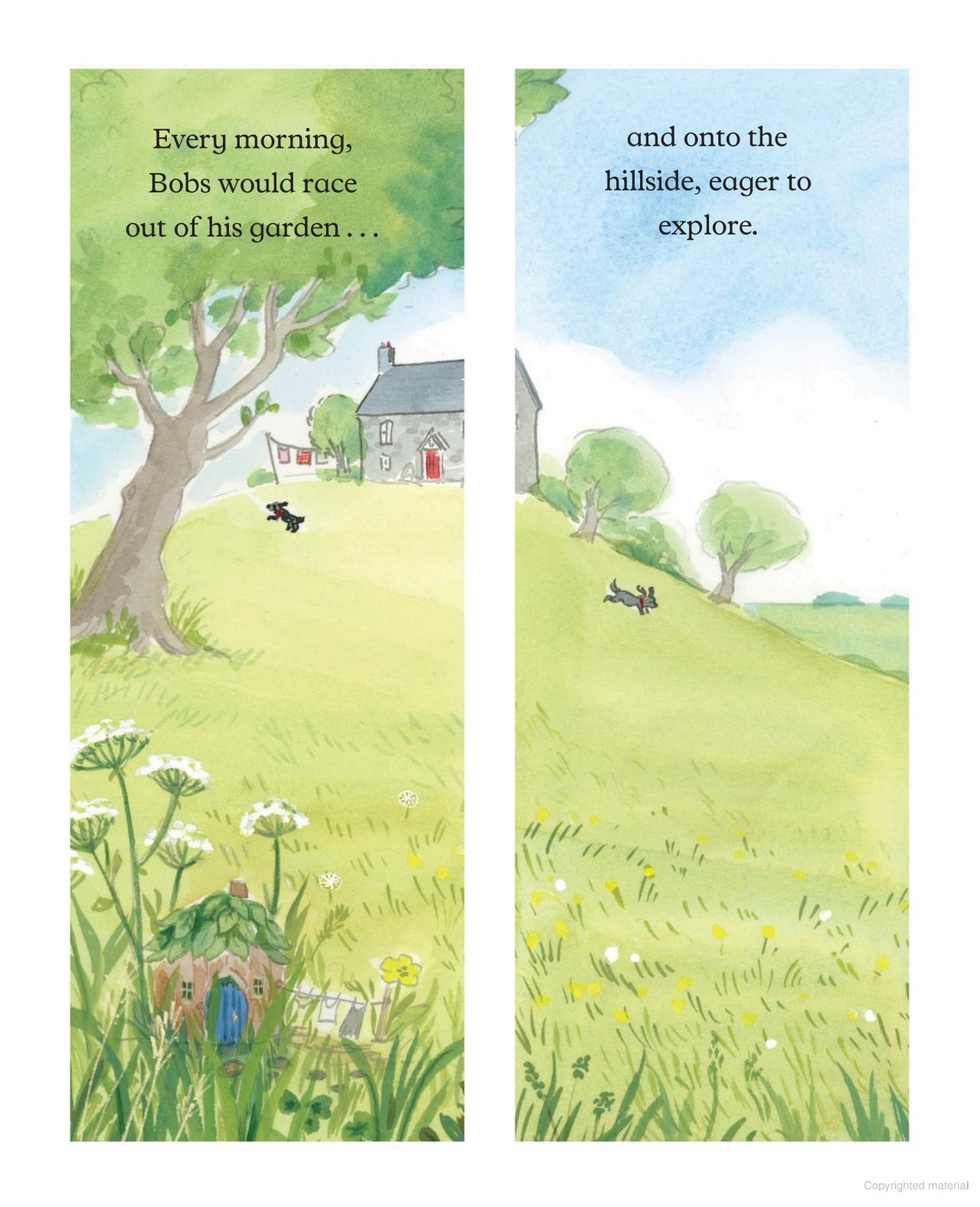 Illustrated book page with a garden and hillside scene, featuring text about Bobs exploring.