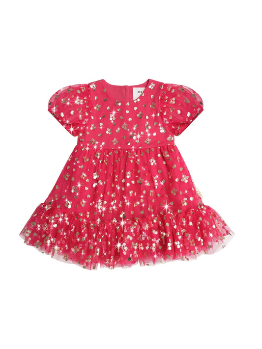 Golden Cherries Puff Sleeve Tulle Dress