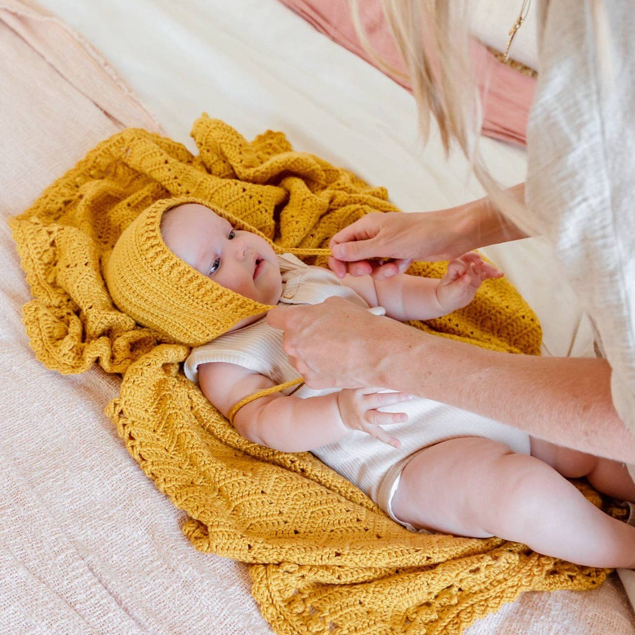 Crochet Bonnet & Bootie Set in Turmeric
