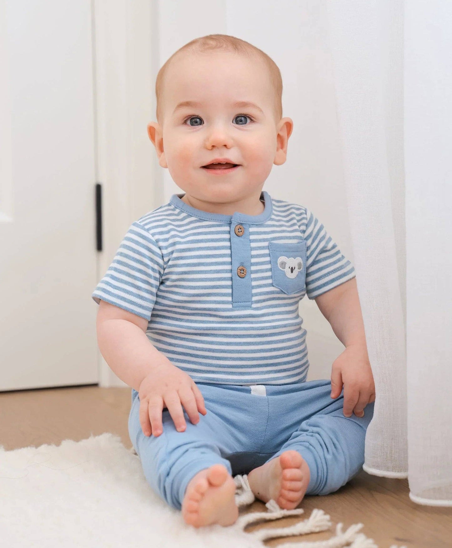 Organic Cotton Short Sleeve Bodysuit - Koala & Blue Stripes