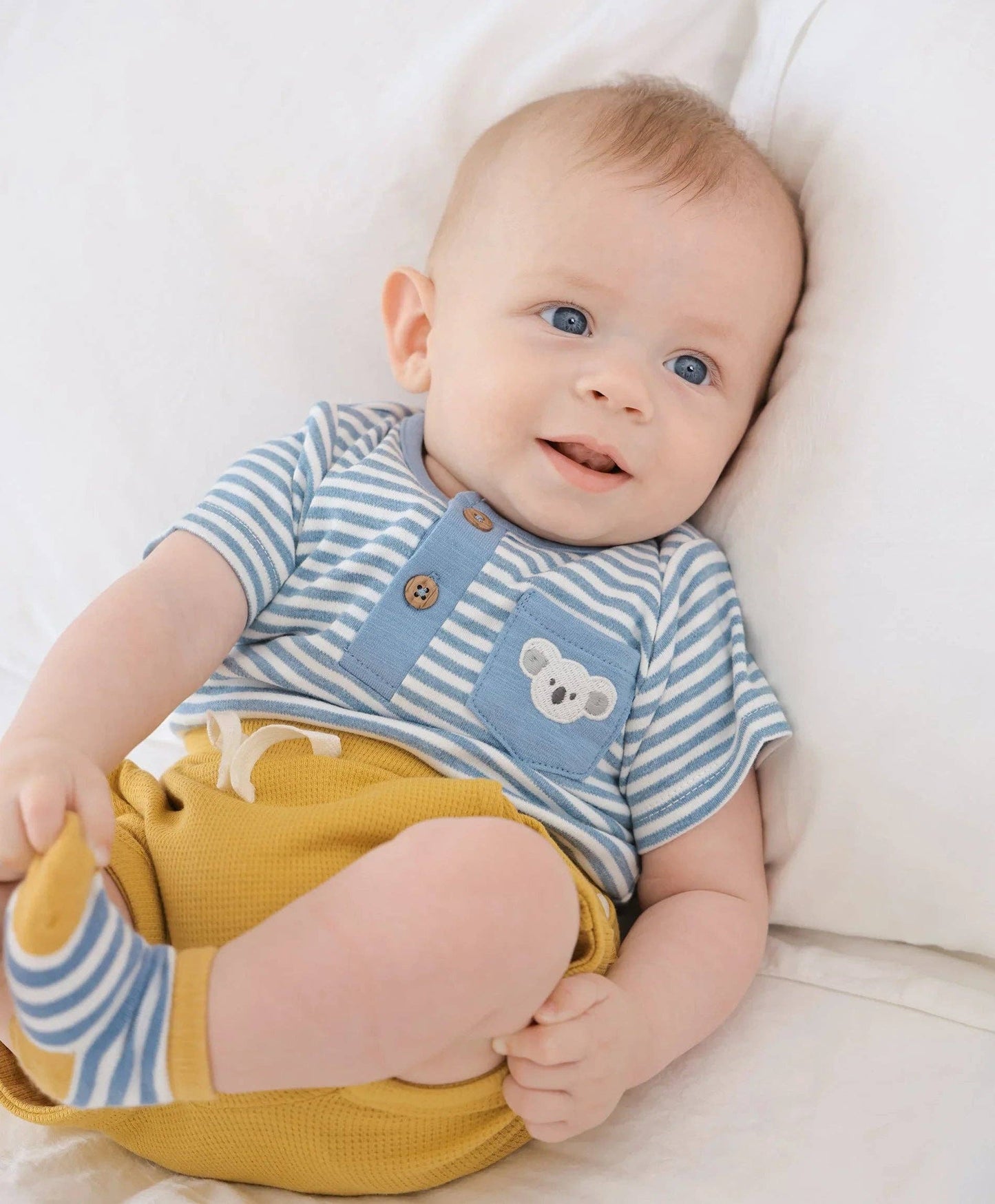 Organic Cotton Short Sleeve Bodysuit - Koala & Blue Stripes