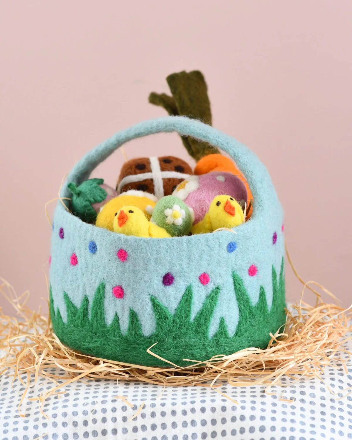 Felt Blue Basket with Colourful Dots