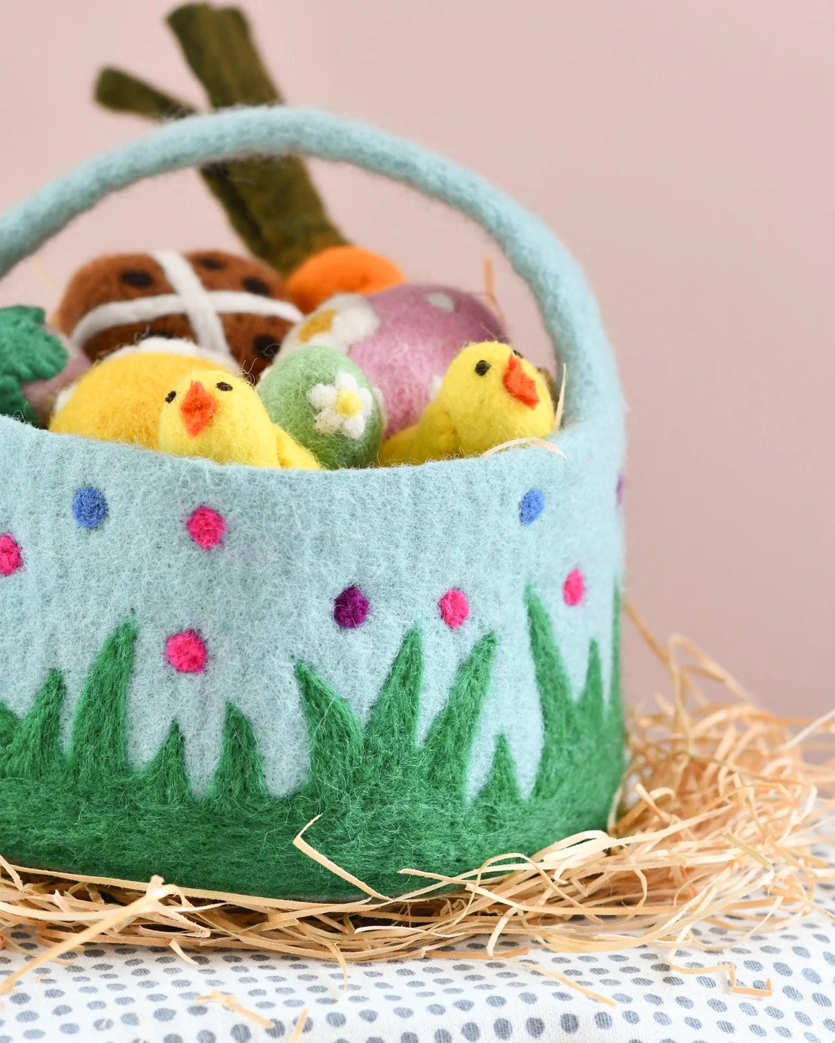 Felt Blue Basket with Colourful Dots