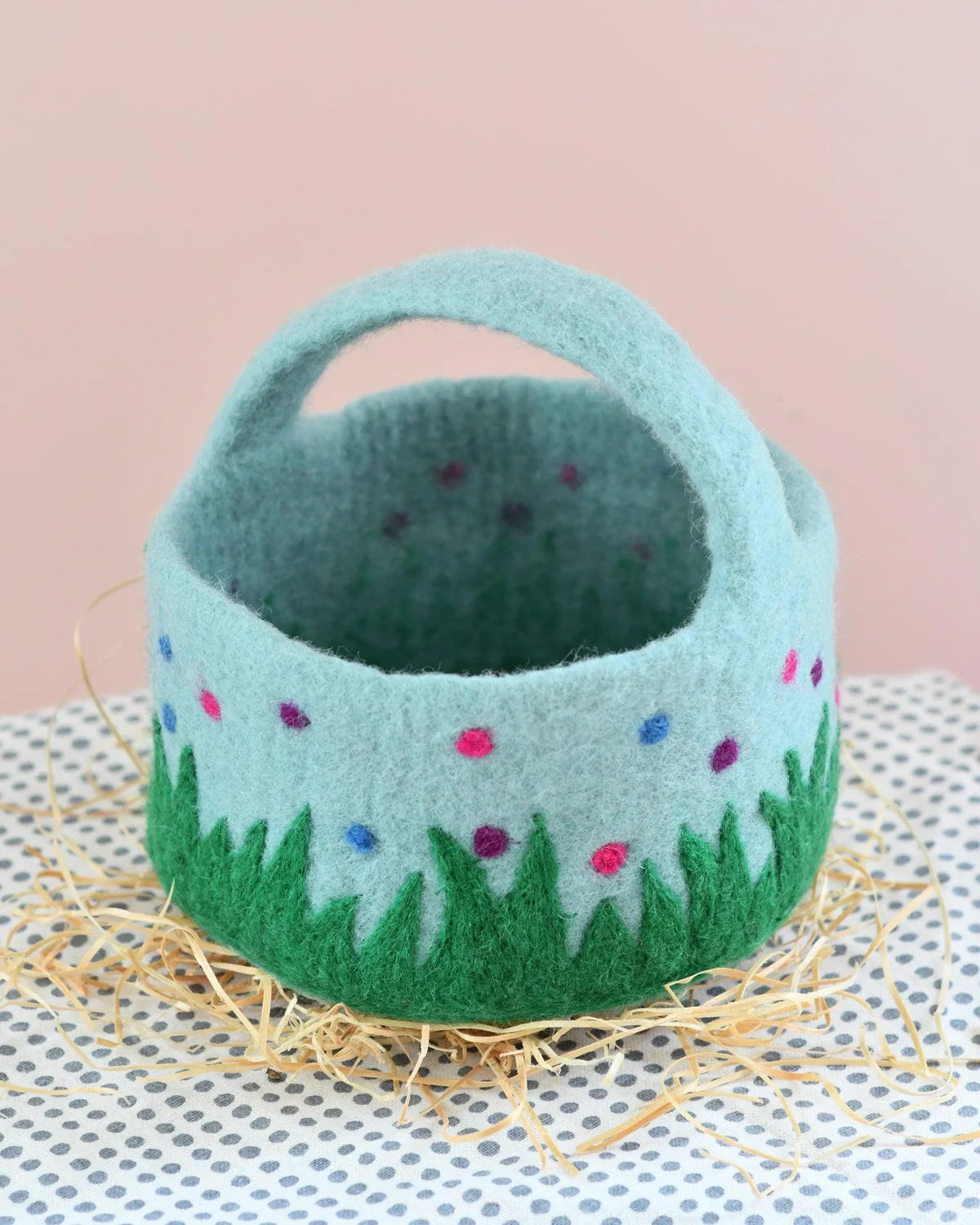 Felt Blue Basket with Colourful Dots