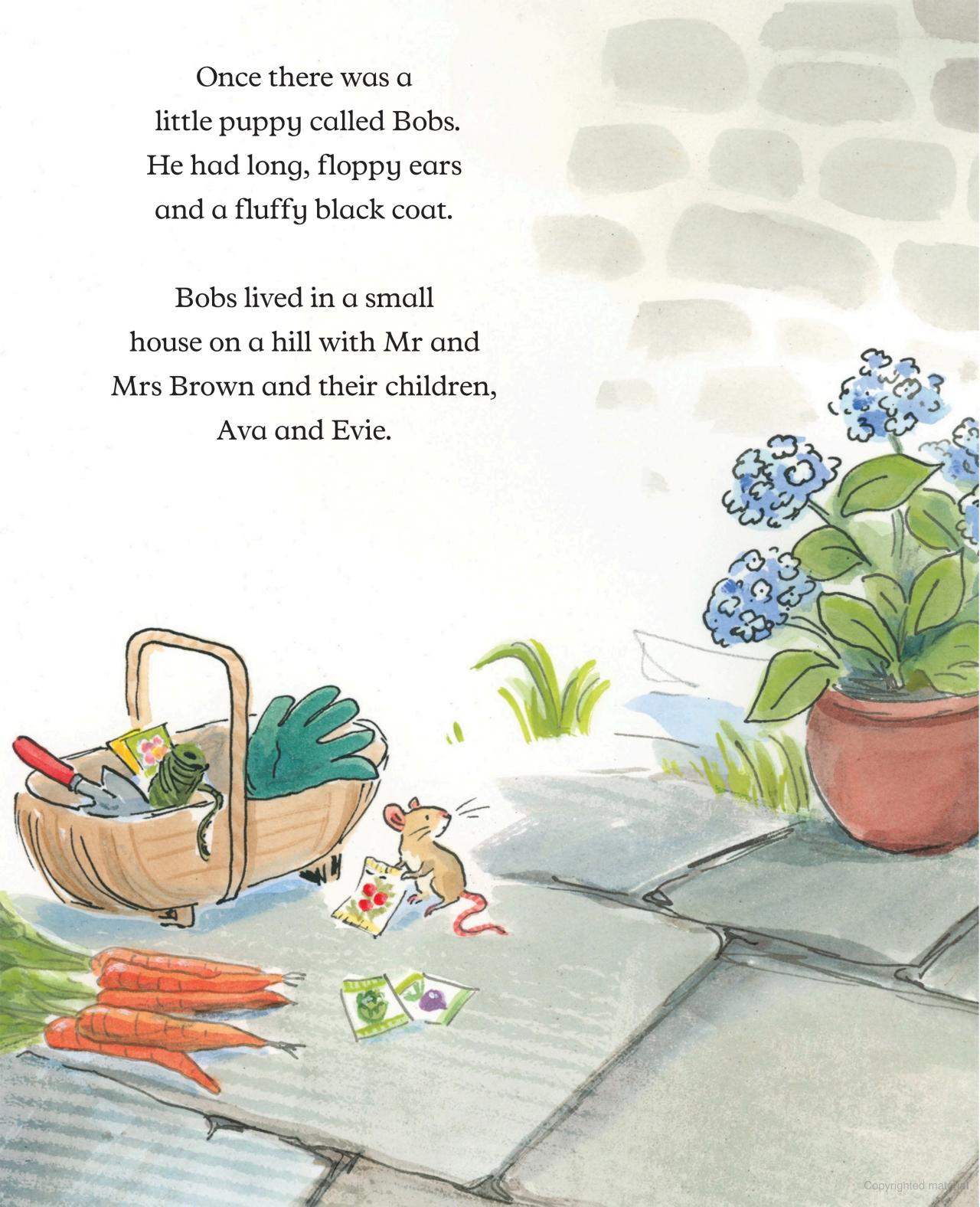 Illustration of a garden scene with a mouse, basket, and plants, accompanied by text about a puppy named Bobs.