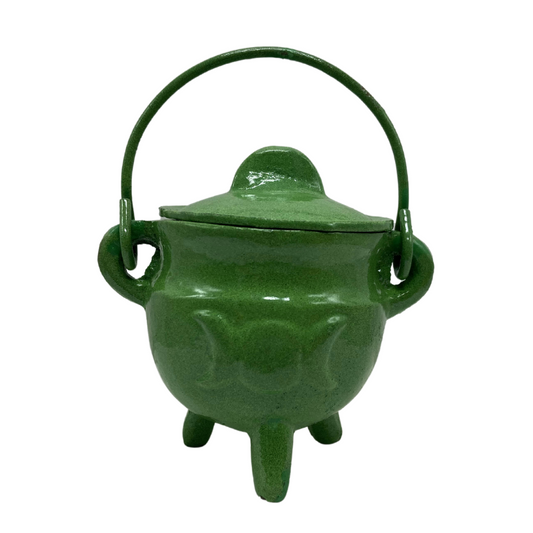 Green Triple Moon Cast Iron Cauldron with Lid