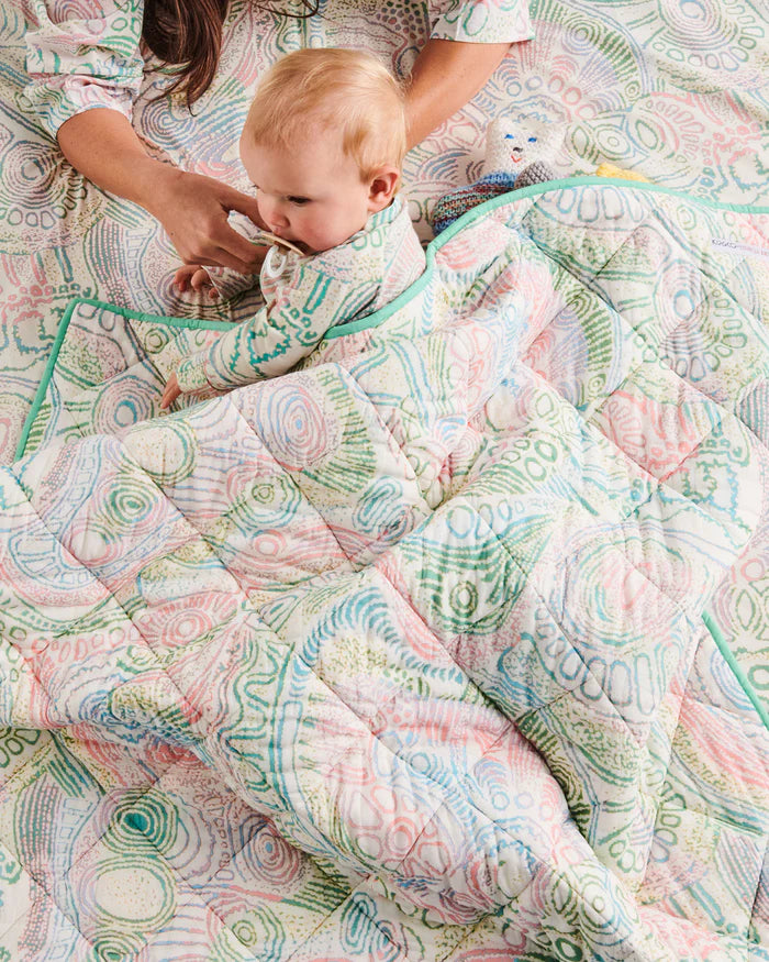 Tjala Tjukurpa Pastel Organic Cotton Quilted Cot Bedspread 100cm x 120cm