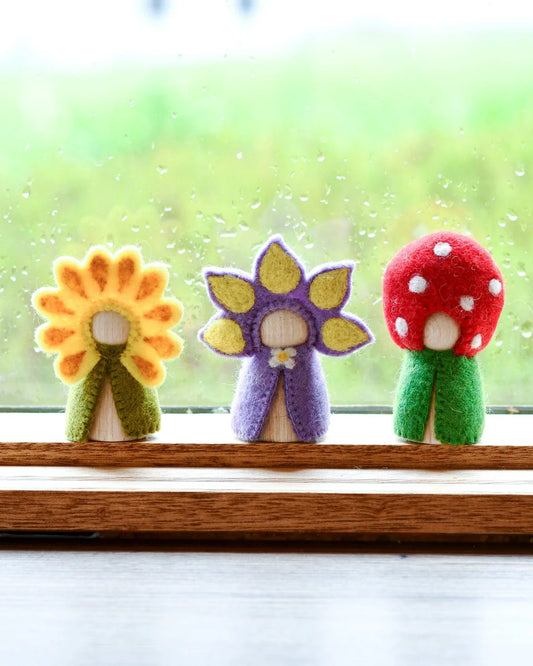 Floral Peg Dolls Set - Sunflower, Iris & Toadstool