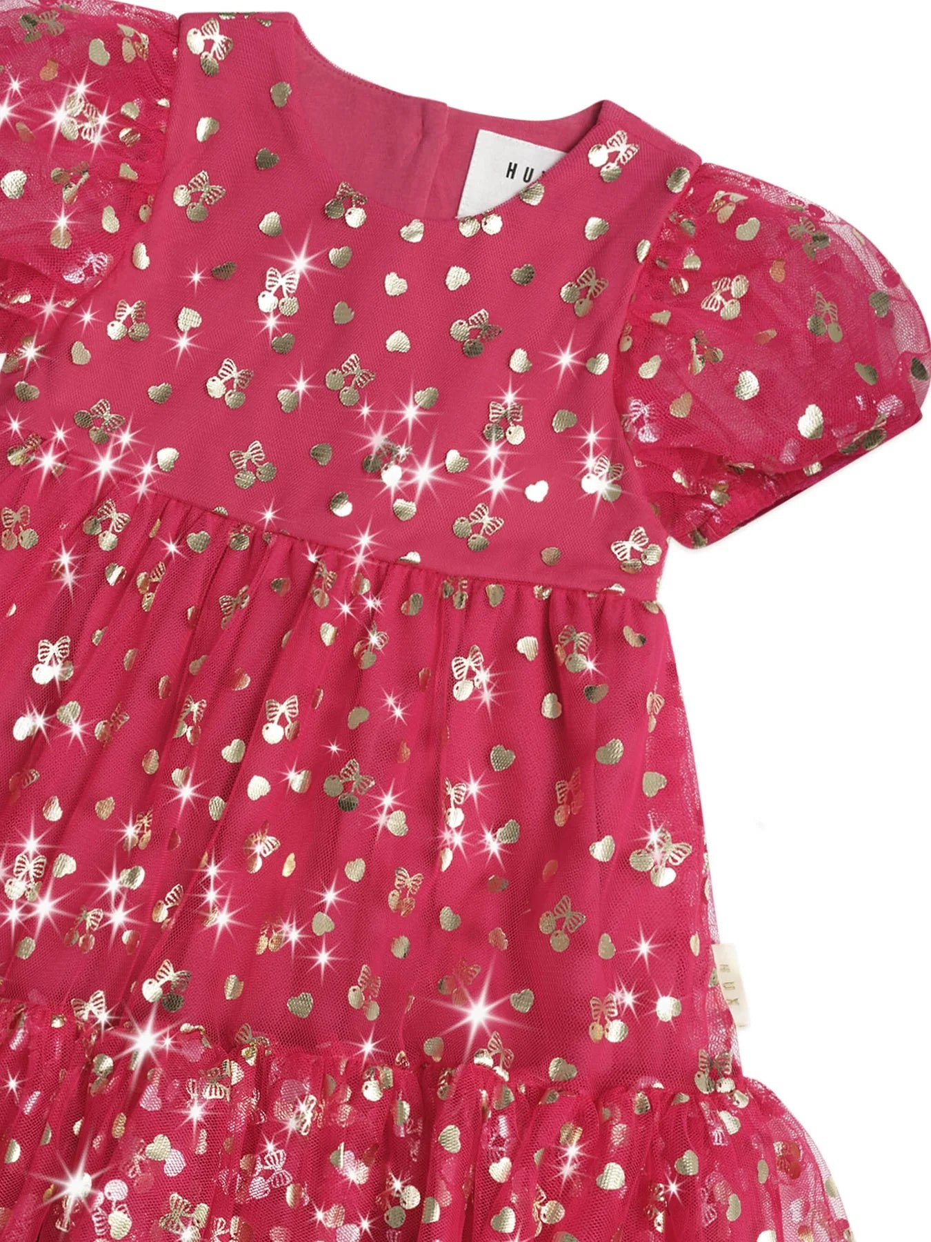 Golden Cherries Puff Sleeve Tulle Dress