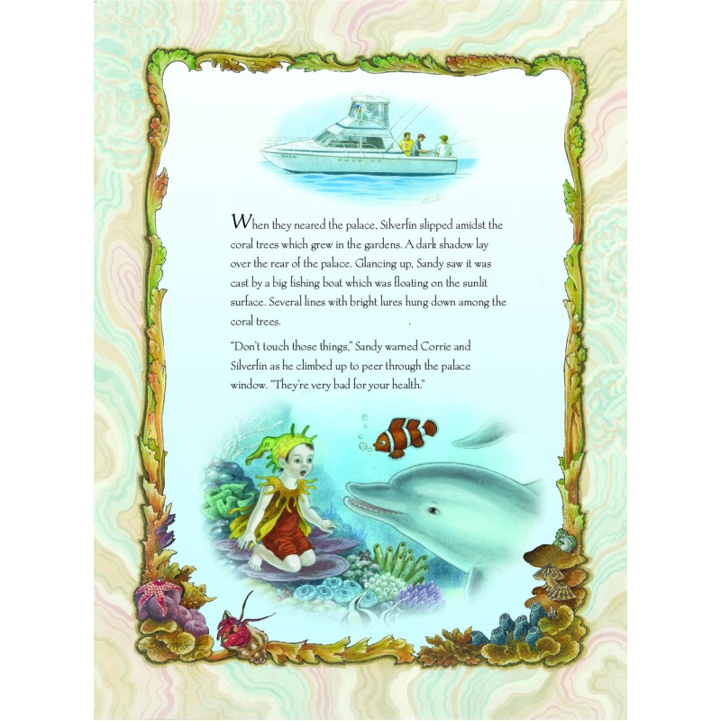 Illustrated book page with a dolphin, girl, and fish in an underwater scene.