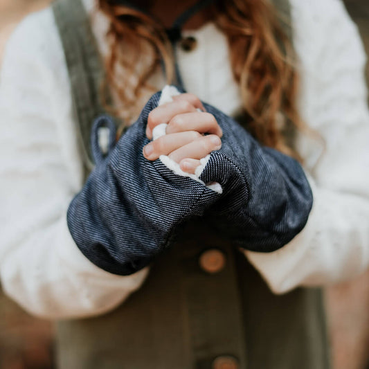 Denim Fleecy Fingerless Kids Mittens