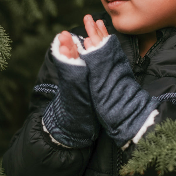 Denim Fleecy Fingerless Kids Mittens