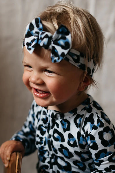 Blue Leopard Top Knot Baby Headband