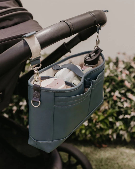 Faux Leather Stroller Organiser/Pram Caddy in Stone Blue