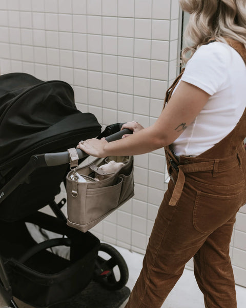 Faux Leather Stroller Organiser/Pram Caddy in Taupe